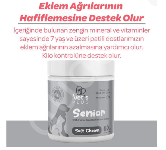 Vet's Plus Senior Yaşlı Kedi ve Köpekler İçin İnülin ve Glukozaminli Çiğnenebilir Tablet (60'lı)