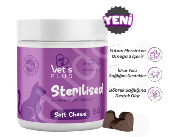 Vet's Plus Sterilised Kısırlaştırılmış Kediler İçin Yaban Mersinli Çiğnenebilir Tablet (60'lı)