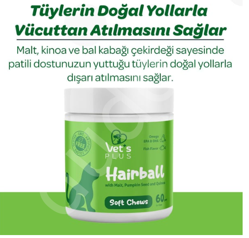 Vet's Plus Hairball Kediler İçin Malt ve Kinoalı Tüy Yumağı Önleyici Çiğnenebilir Tablet (60'lı)